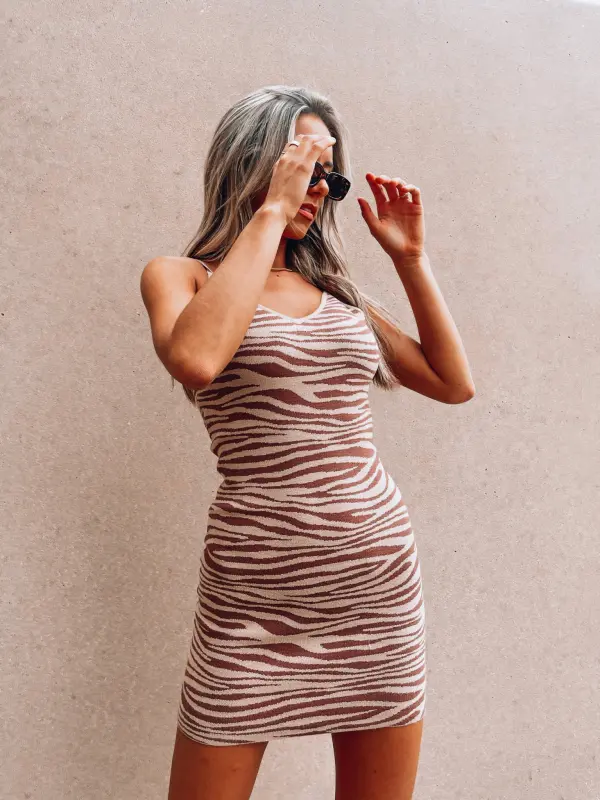 Beige Zebra Print Knit Dress